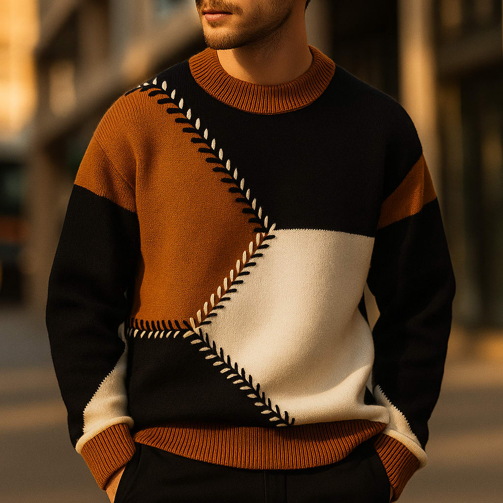 Colourblock Pullover Herren Geometrisch Rundhals Weich