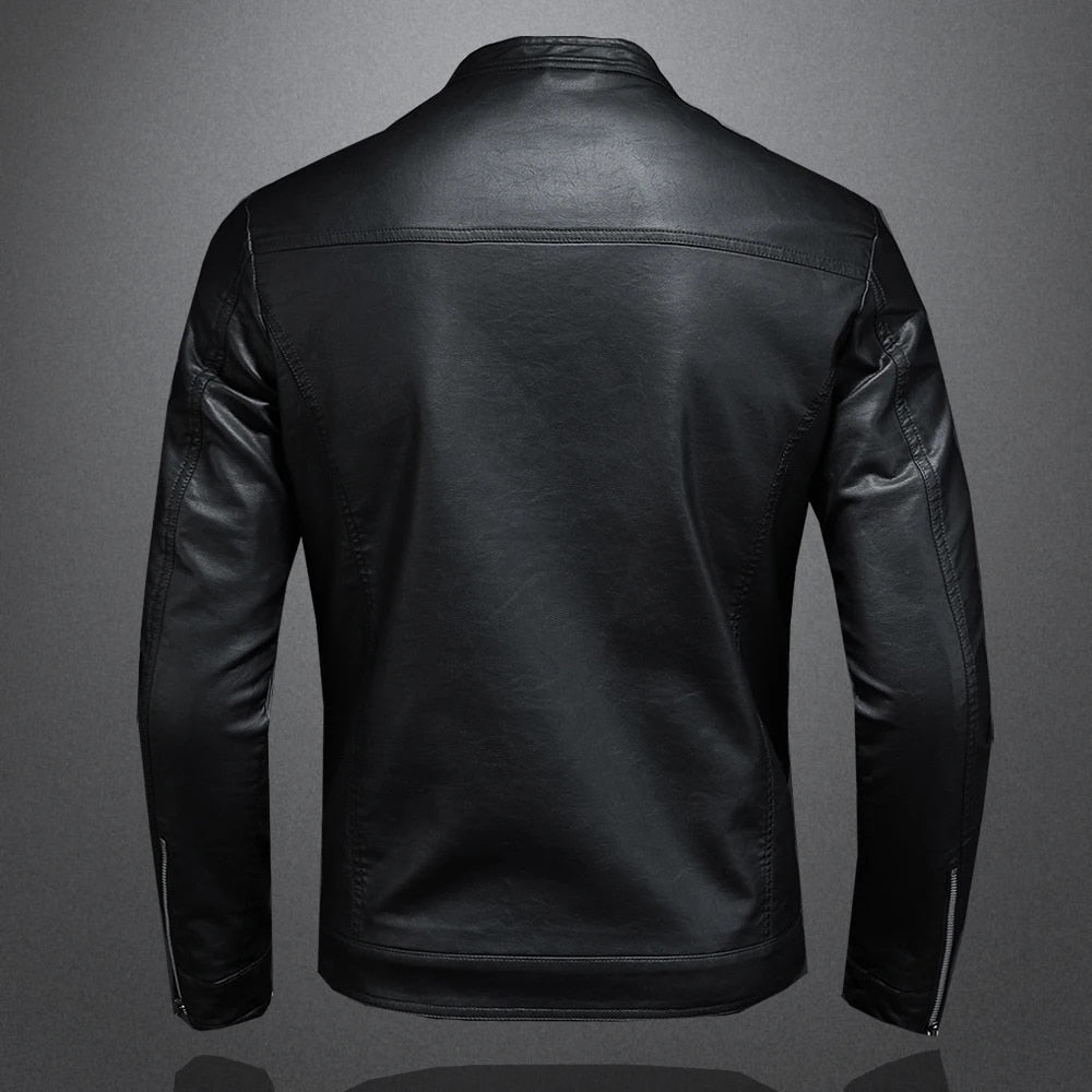 Kunstleder Bikerjacke Herren Stehkragen Moto Slim