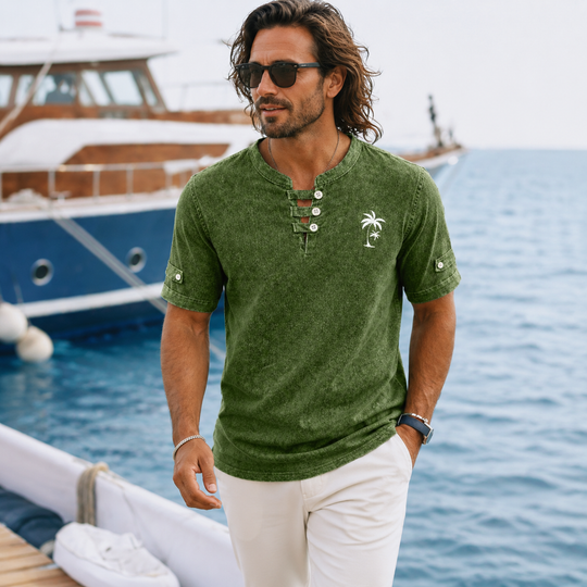 Vintage Washed Henley T-Shirt Herren Baumwolle Sommer