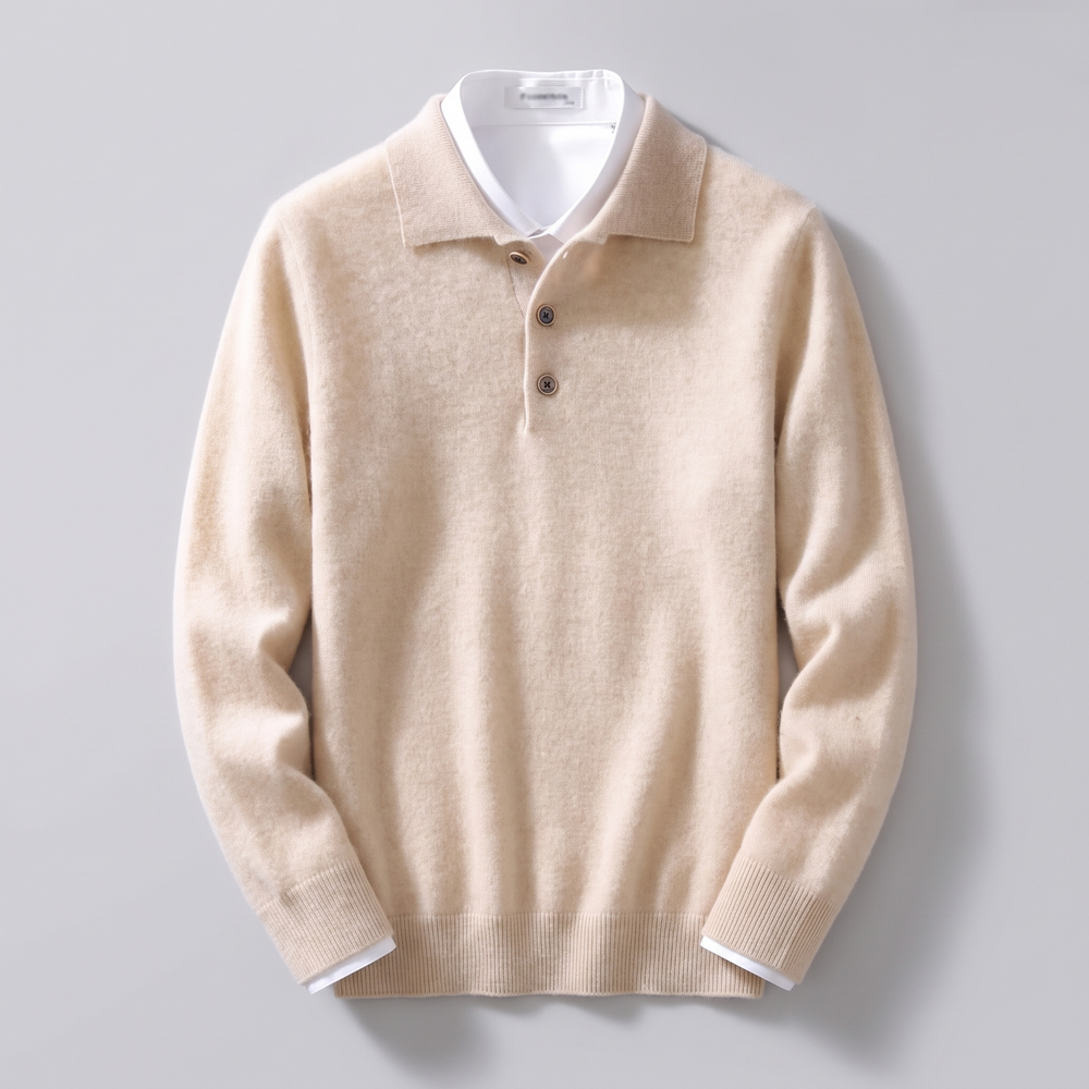 Kaschmir Poloshirt Herren Strick Kragen Knopfleiste