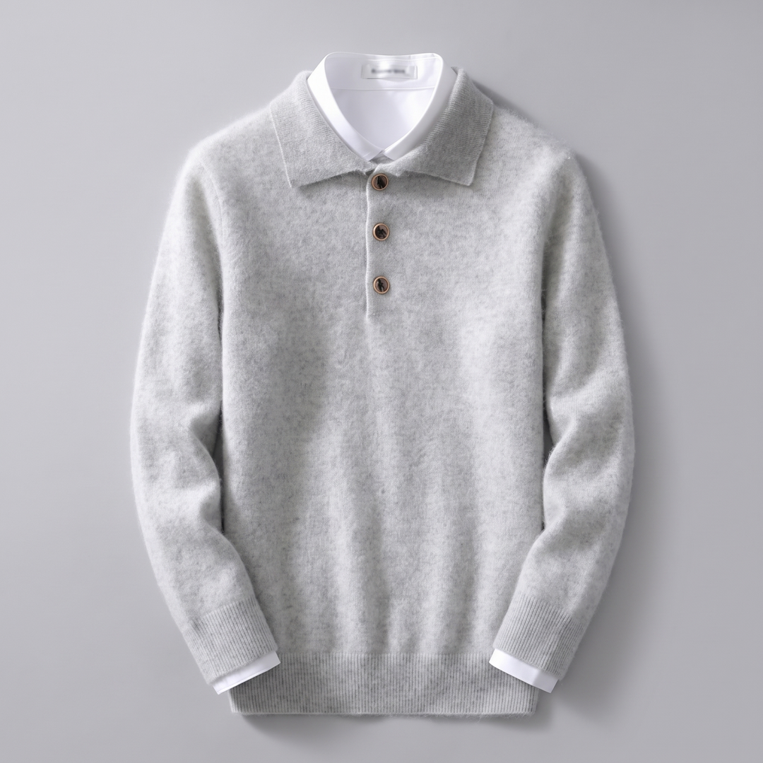 Kaschmir Poloshirt Herren Strick Kragen Knopfleiste