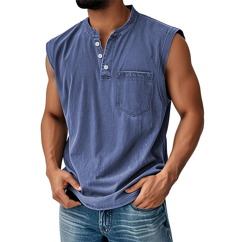 Vintage Washed Henley Tanktop Herren Baumwolle Ärmellos