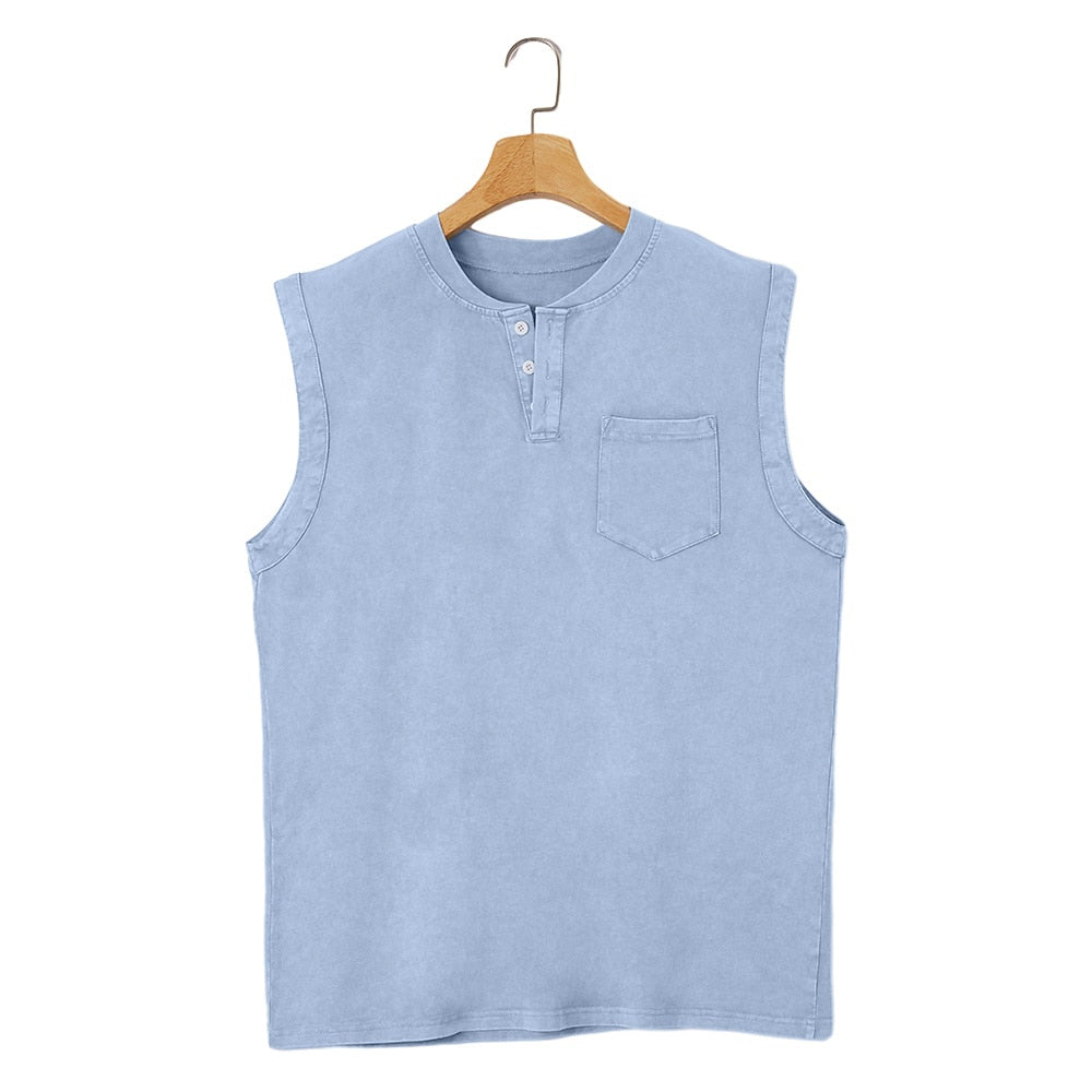 Vintage Washed Henley Tanktop Herren Baumwolle Ärmellos