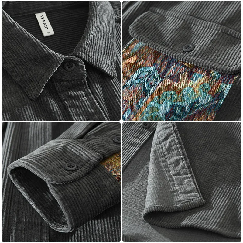 Patchwork Cord Hemd Herren Langarm Zwei Brusttaschen