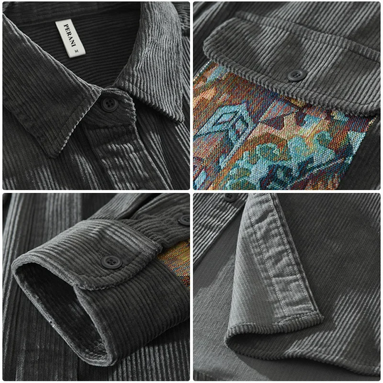 Patchwork Cord Hemd Herren Langarm Zwei Brusttaschen