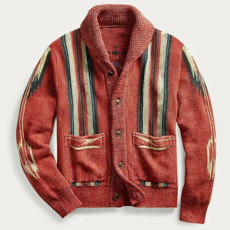 Woll Cardigan Herren Schalkragen Streifen Zwei Taschen