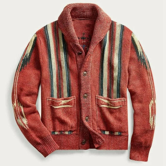Woll Cardigan Herren Schalkragen Streifen Zwei Taschen
