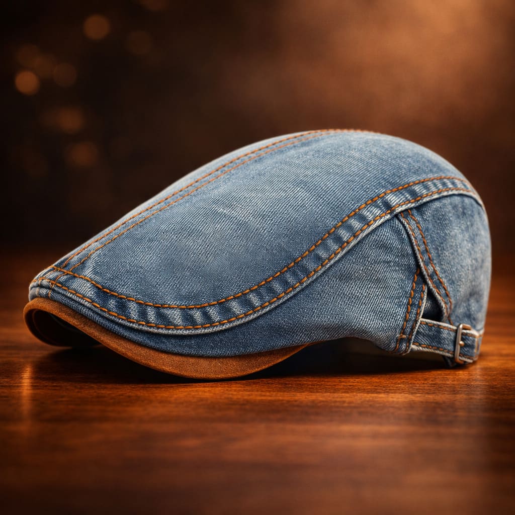 Denim Schiebermütze Herren Kontrastnaht Flacher Schirm