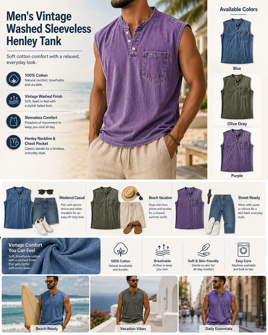 Vintage Washed Henley Tanktop Herren Baumwolle Ärmellos