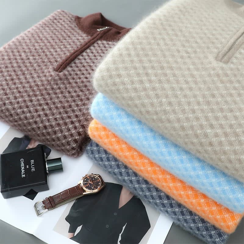 Merinowolle Pullover Herren Halbzip Rautenstruktur