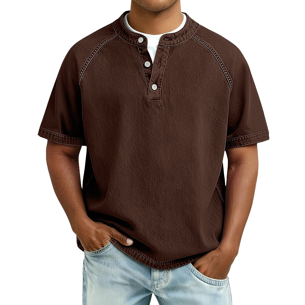 Vintage Washed Baumwoll Henley Herren Kurzarm Shirt
