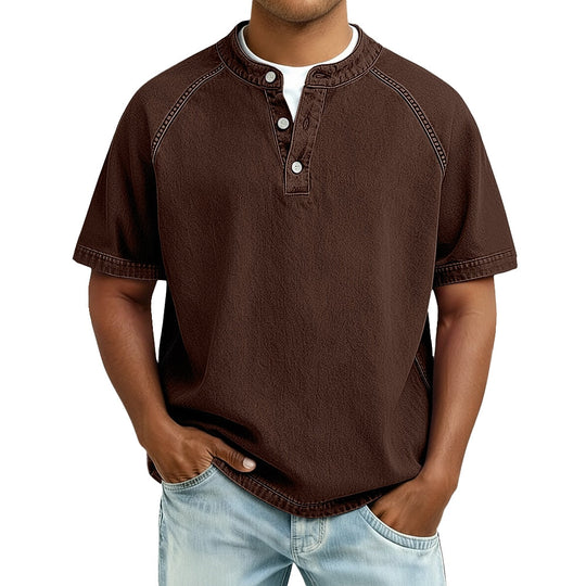 Vintage Washed Baumwoll Henley Herren Kurzarm Shirt