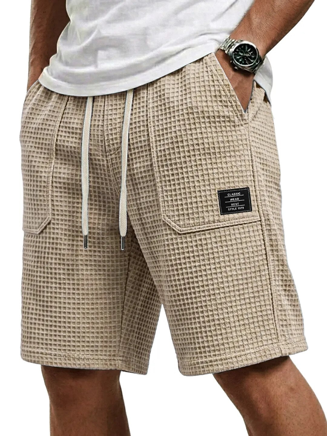 Waffel Strick Shorts Herren Sommer Strand Taschen Hose