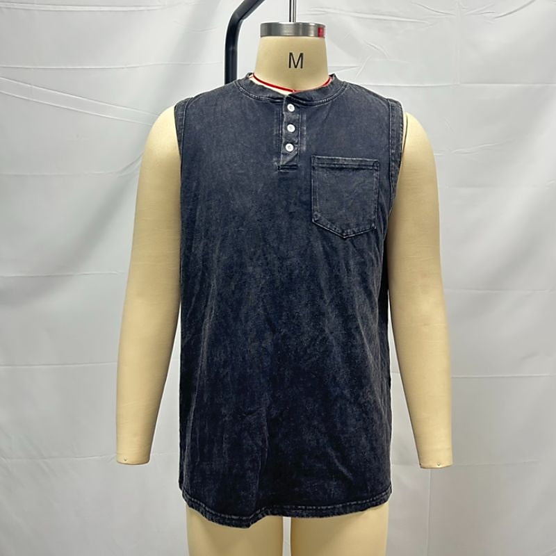 Vintage Washed Henley Tanktop Herren Baumwolle Ärmellos