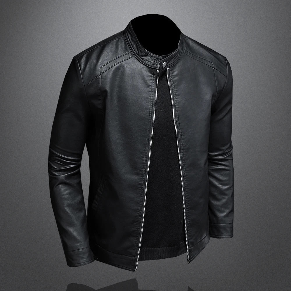 Kunstleder Bikerjacke Herren Stehkragen Moto Slim