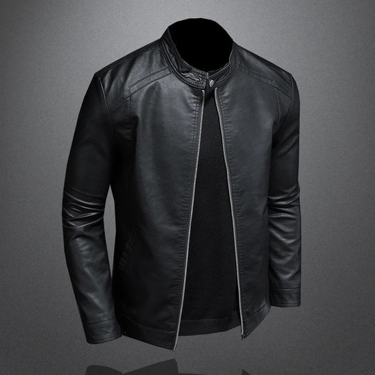 Kunstleder Bikerjacke Herren Stehkragen Moto Slim