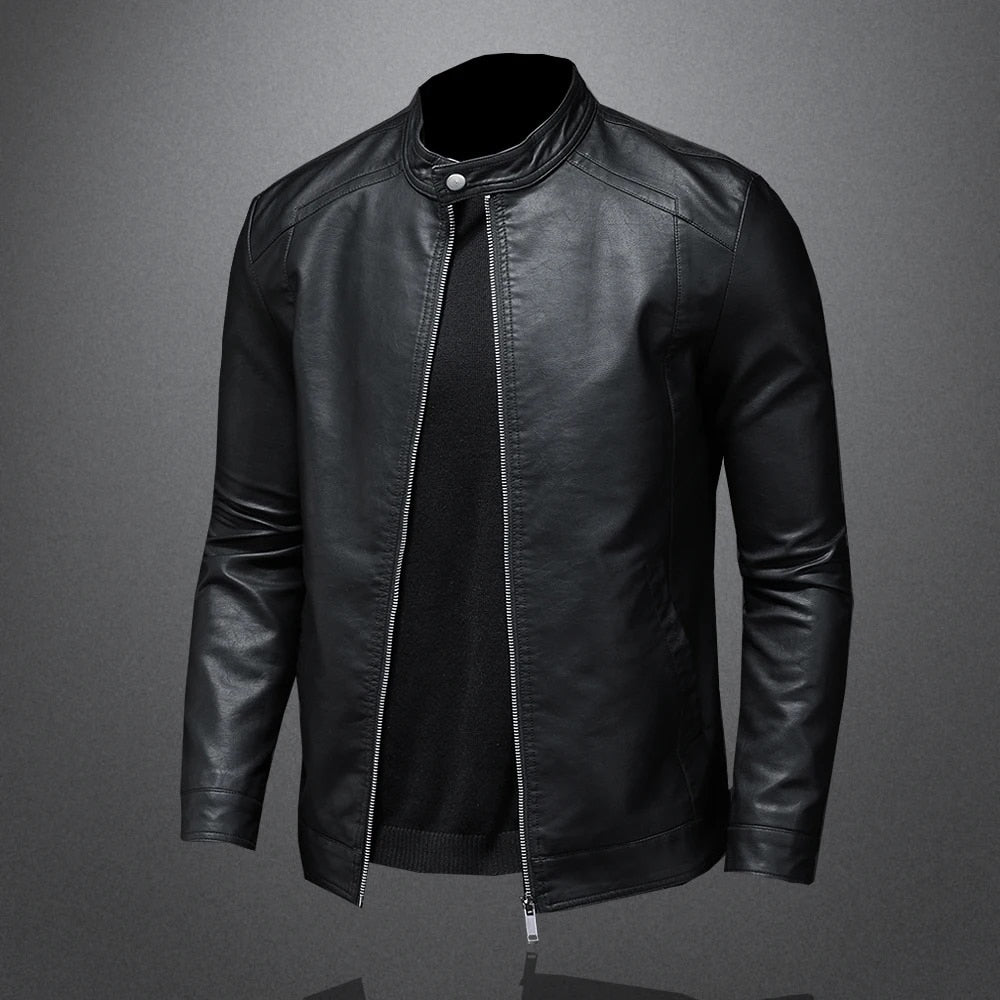 Kunstleder Bikerjacke Herren Stehkragen Moto Slim