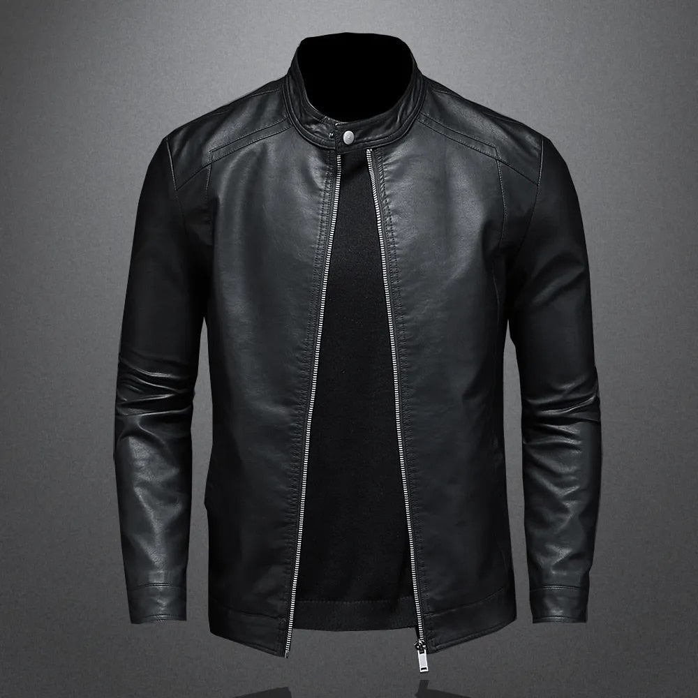 Kunstleder Bikerjacke Herren Stehkragen Moto Slim