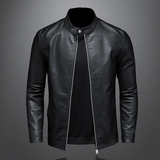 Kunstleder Bikerjacke Herren Stehkragen Moto Slim