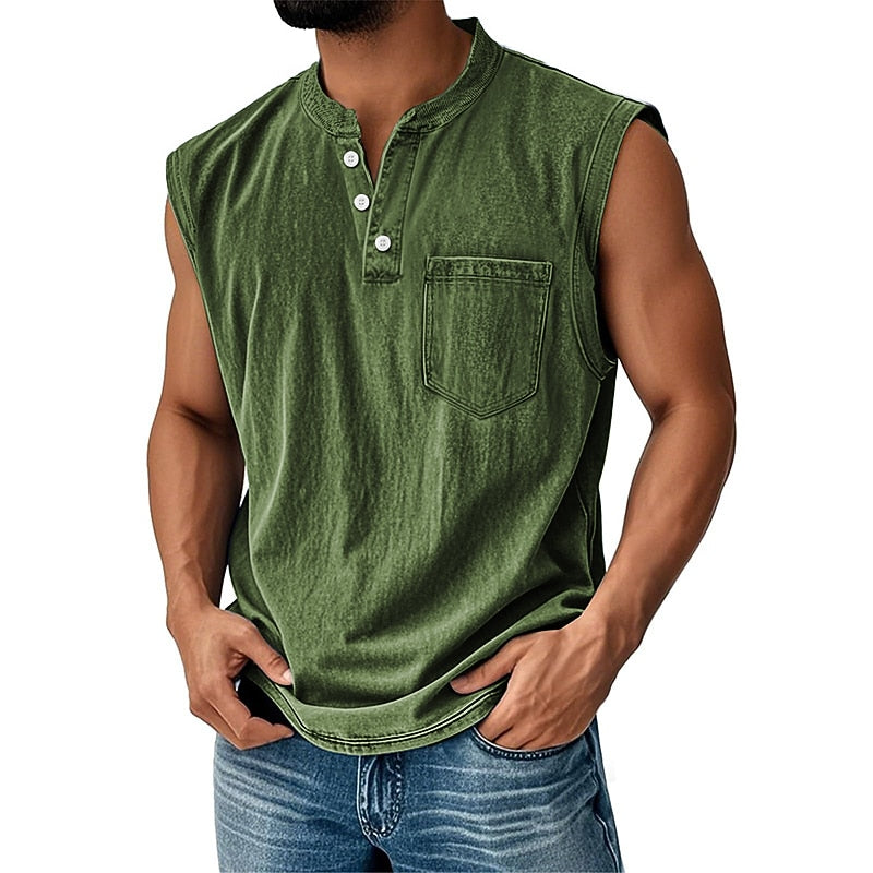Vintage Washed Henley Tanktop Herren Baumwolle Ärmellos