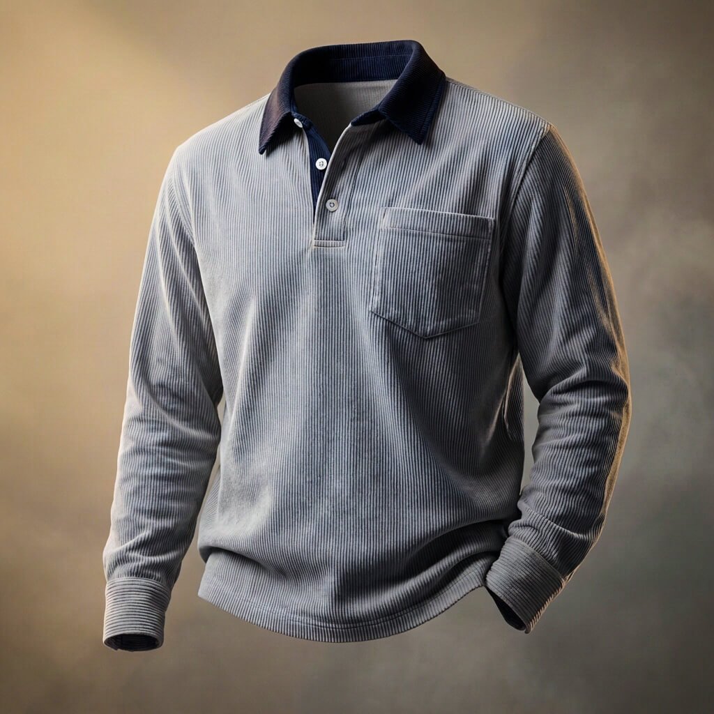 Feincord Poloshirt Herren Langarm Baumwolle Polo Shirt
