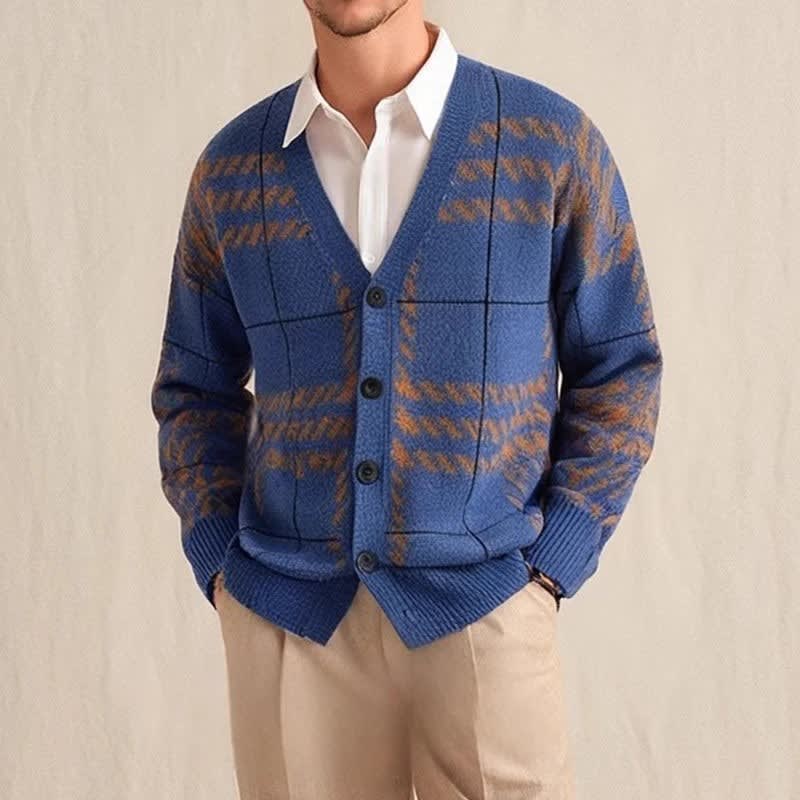 Karierter Strick Cardigan Herren Knopfleiste Rippbund