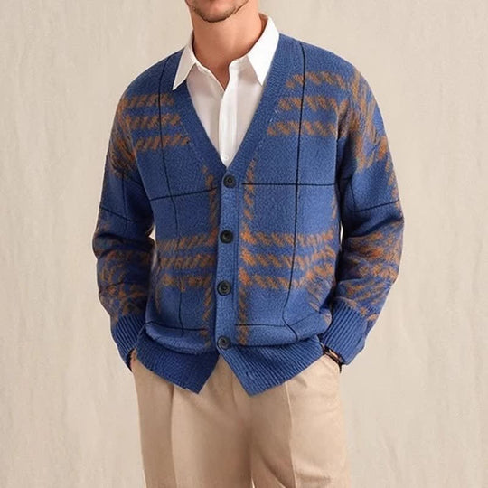 Karierter Strick Cardigan Herren Knopfleiste Rippbund