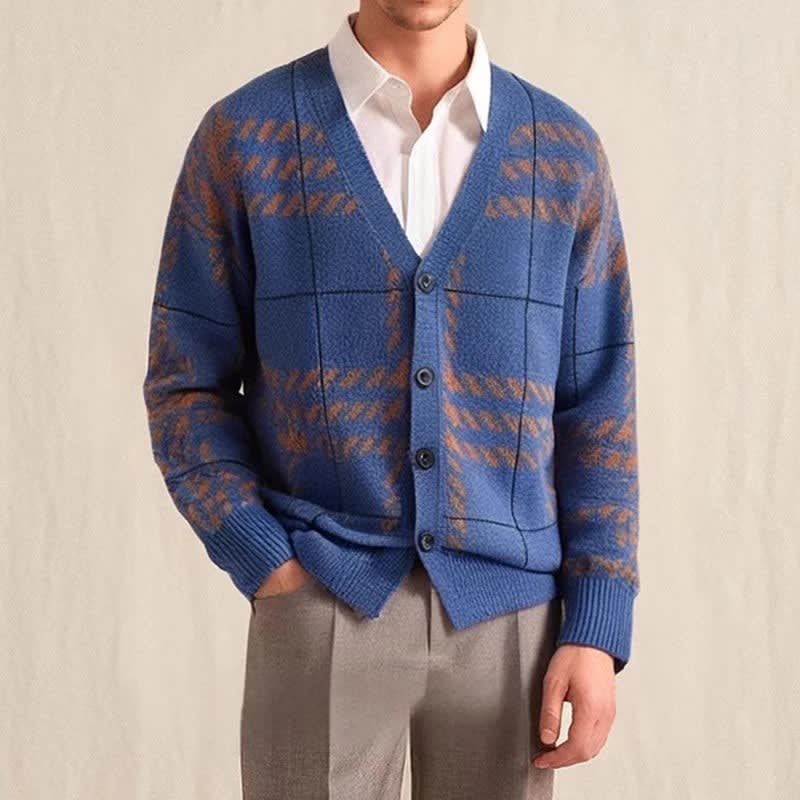 Karierter Strick Cardigan Herren Knopfleiste Rippbund
