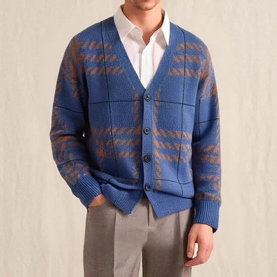 Karierter Strick Cardigan Herren Knopfleiste Rippbund