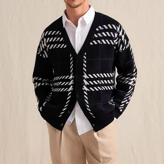 Karierter Strick Cardigan Herren Knopfleiste Rippbund