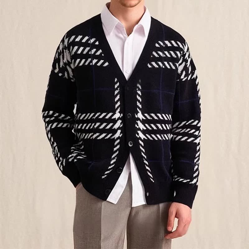 Karierter Strick Cardigan Herren Knopfleiste Rippbund