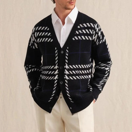 Karierter Strick Cardigan Herren Knopfleiste Rippbund