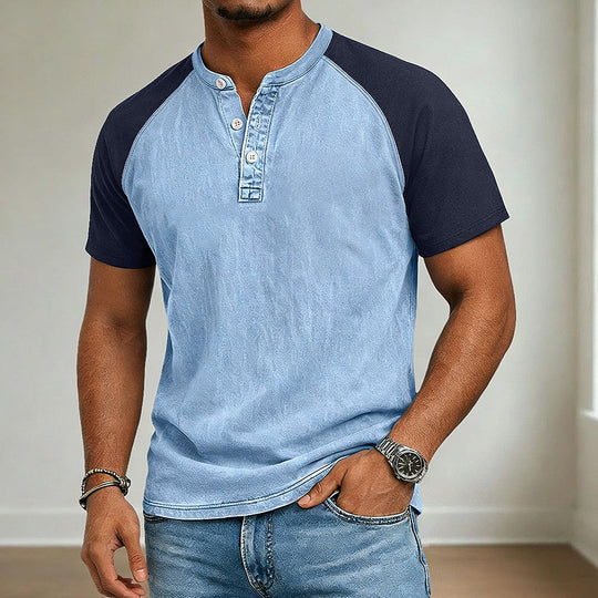Acid Wash Henley T-Shirt Herren Baumwolle Kurzarm