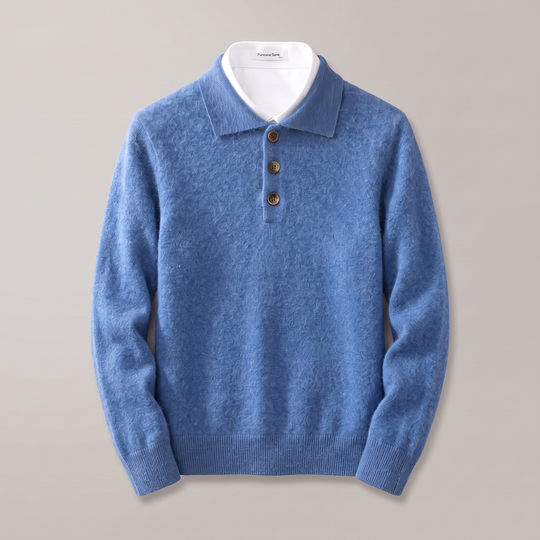 Kaschmir Poloshirt Herren Strick Kragen Knopfleiste