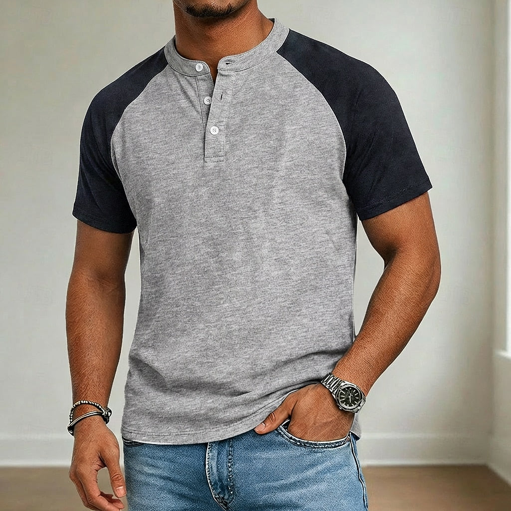 Acid Wash Henley T-Shirt Herren Baumwolle Kurzarm