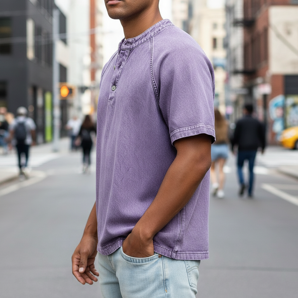 Vintage Washed Baumwoll Henley Herren Kurzarm Shirt