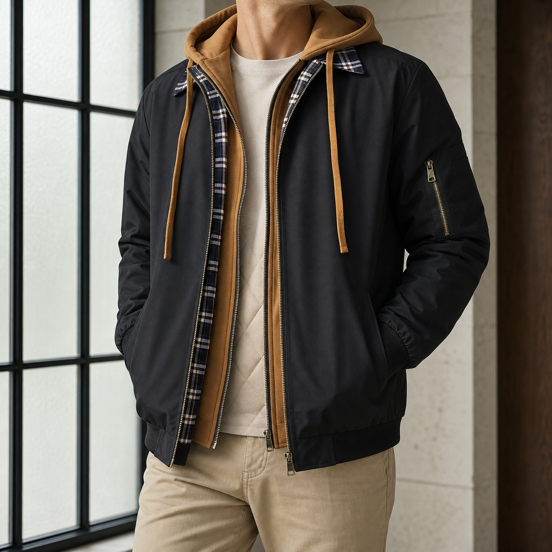 Jacke Herren Lagenlook Kapuze Karo Besatz Doppelzip