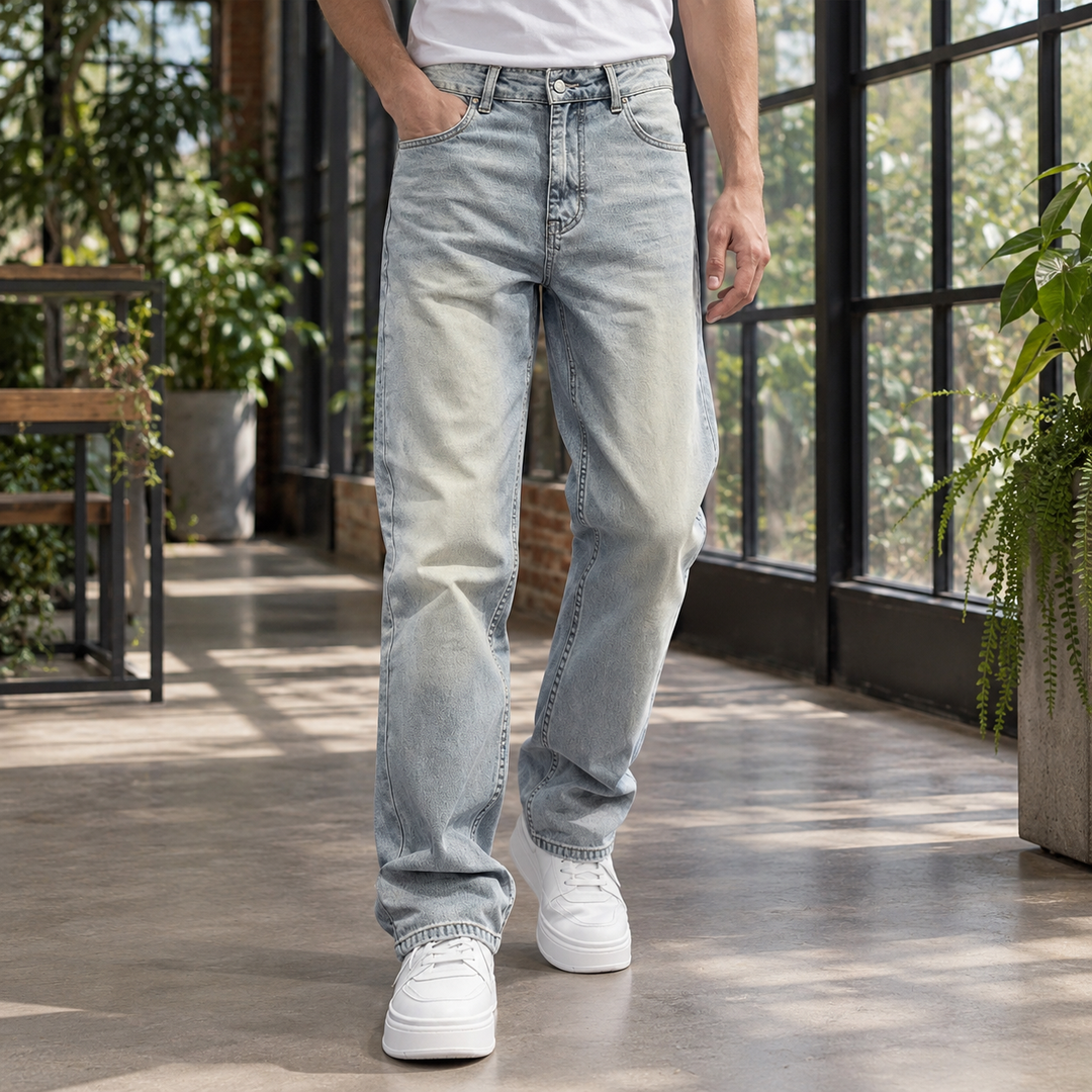 Gerade Jeans Herren Denim Gewaschen Locker Baumwollmix