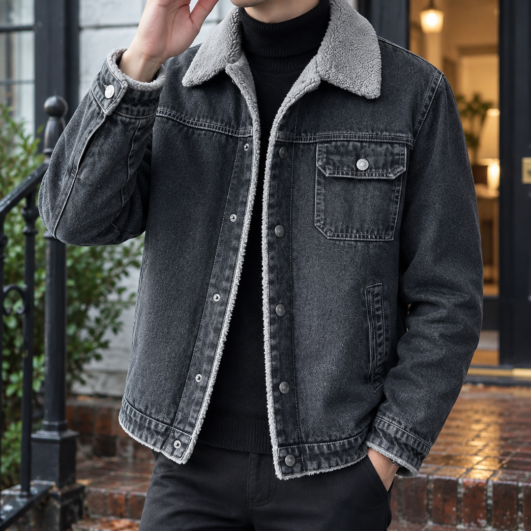 Denim Jacke Herren Plüschfutter Kontrastkragen Knopf Front