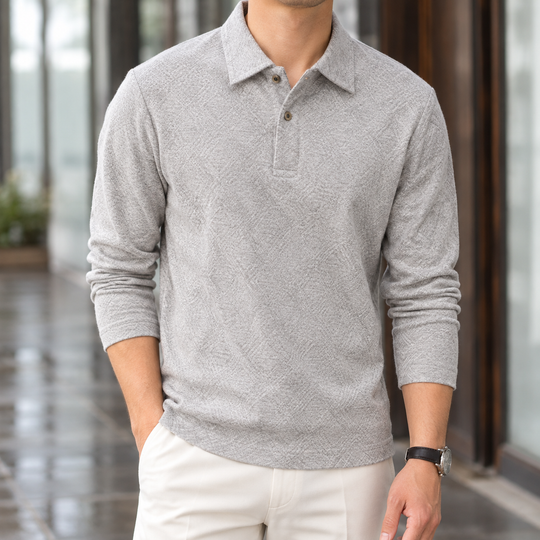 Poloshirt Herren Langarm Rautenstruktur Knopfleiste Weich