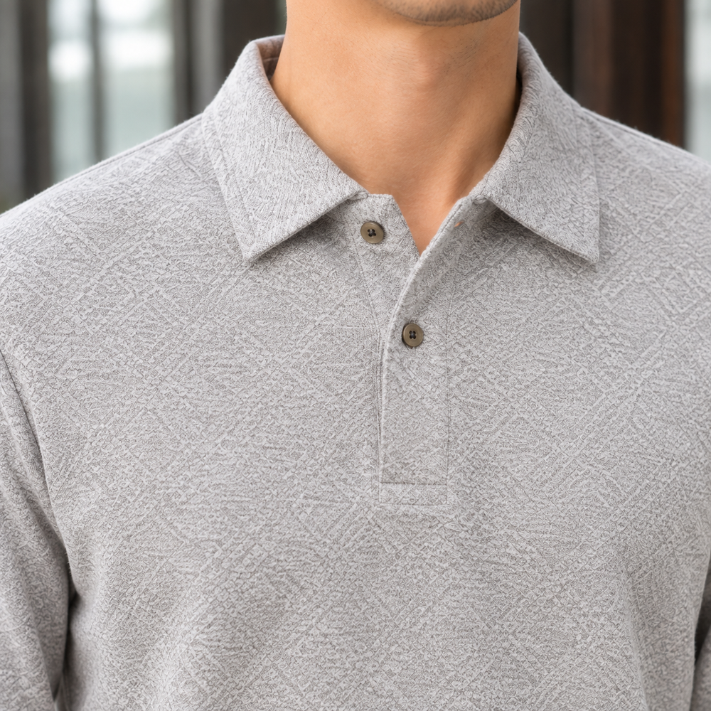 Poloshirt Herren Langarm Rautenstruktur Knopfleiste Weich