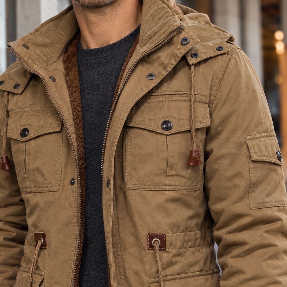 Utility Jacke Herren Abnehmbare Kapuze Plüschfutter Warm
