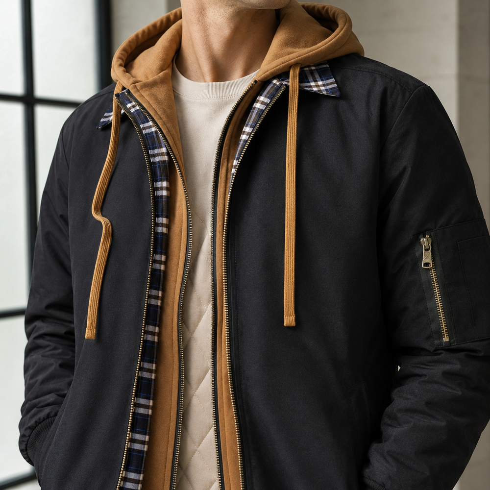 Jacke Herren Lagenlook Kapuze Karo Besatz Doppelzip
