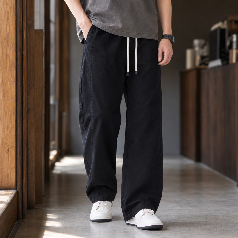 Baumwollhose Herren Weit Gerade Kordelzug Atmungsaktiv