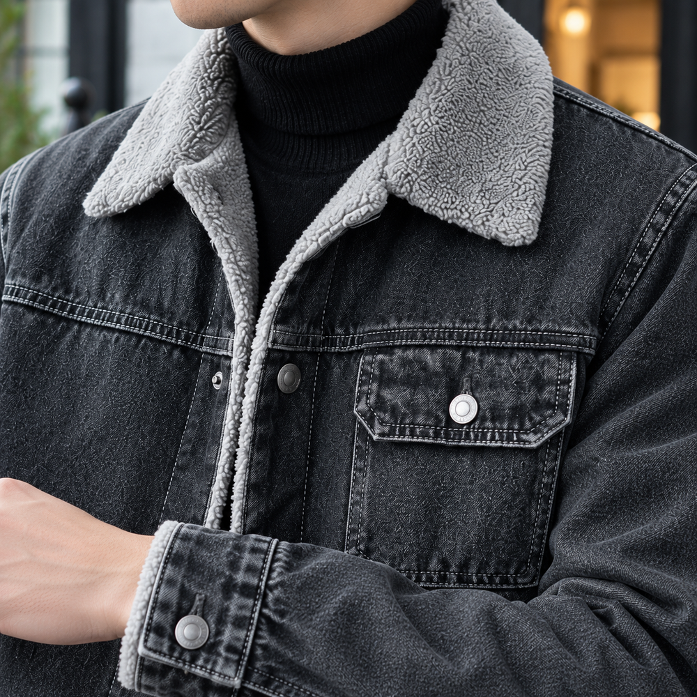 Denim Jacke Herren Plüschfutter Kontrastkragen Knopf Front