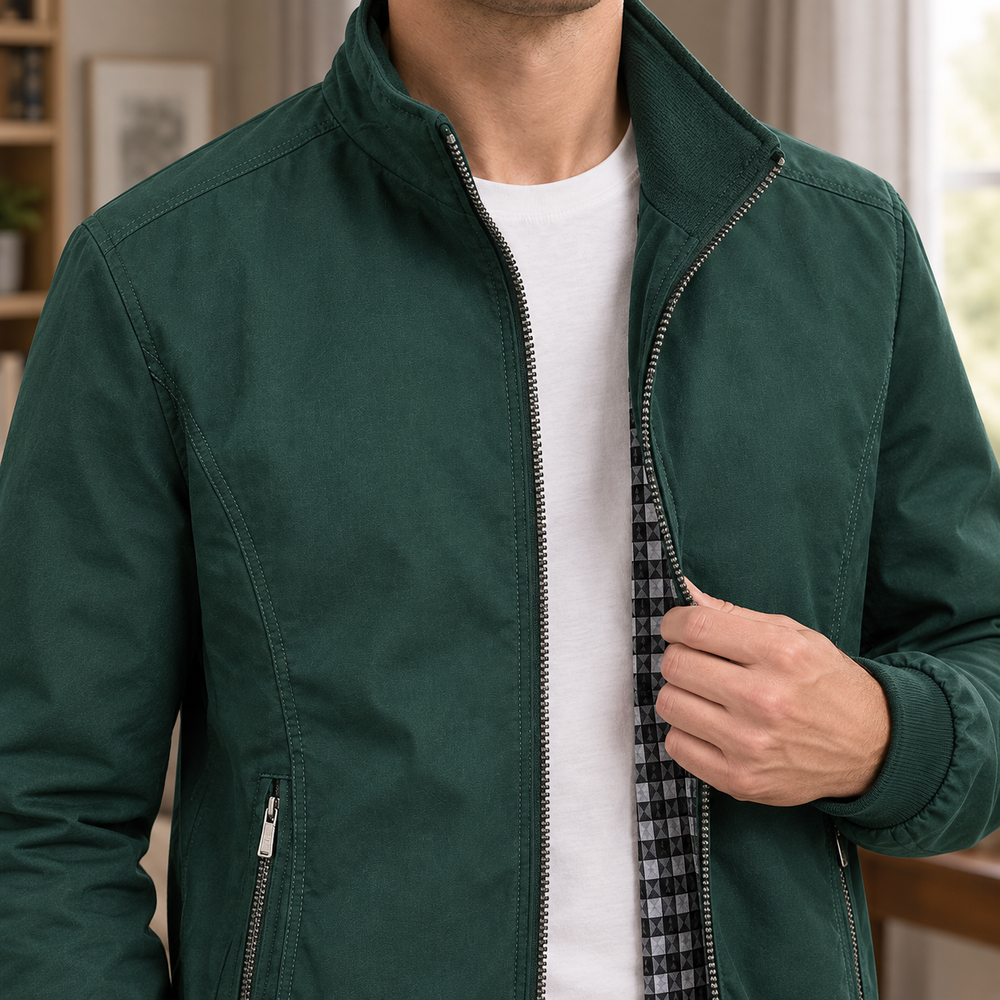 Zip Jacke Herren Stehkragen Karofutter Zwei Zip Taschen
