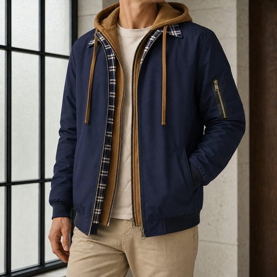 Jacke Herren Lagenlook Kapuze Karo Besatz Doppelzip