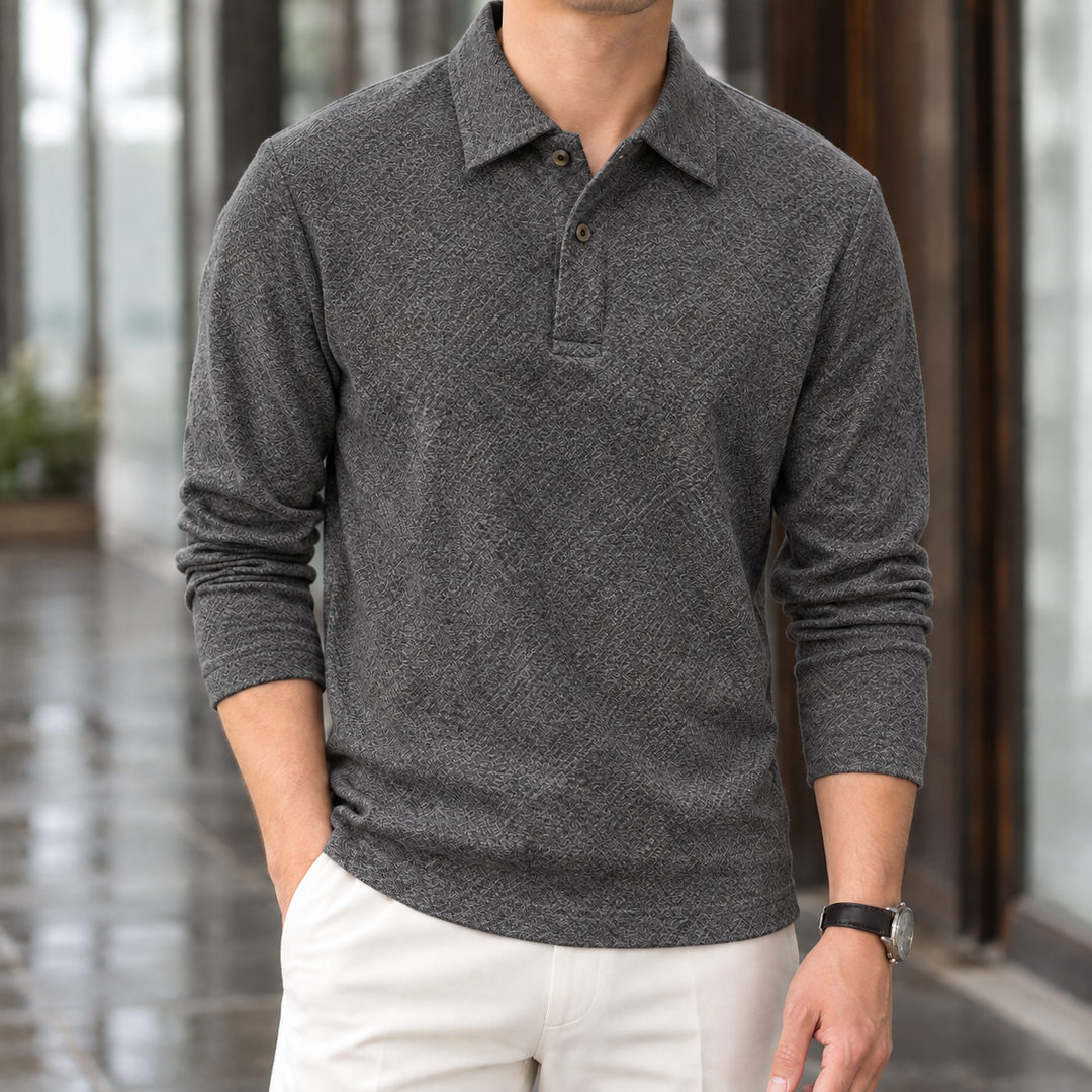 Poloshirt Herren Langarm Rautenstruktur Knopfleiste Weich