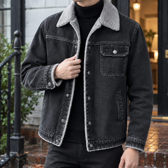 Denim Jacke Herren Plüschfutter Kontrastkragen Knopf Front