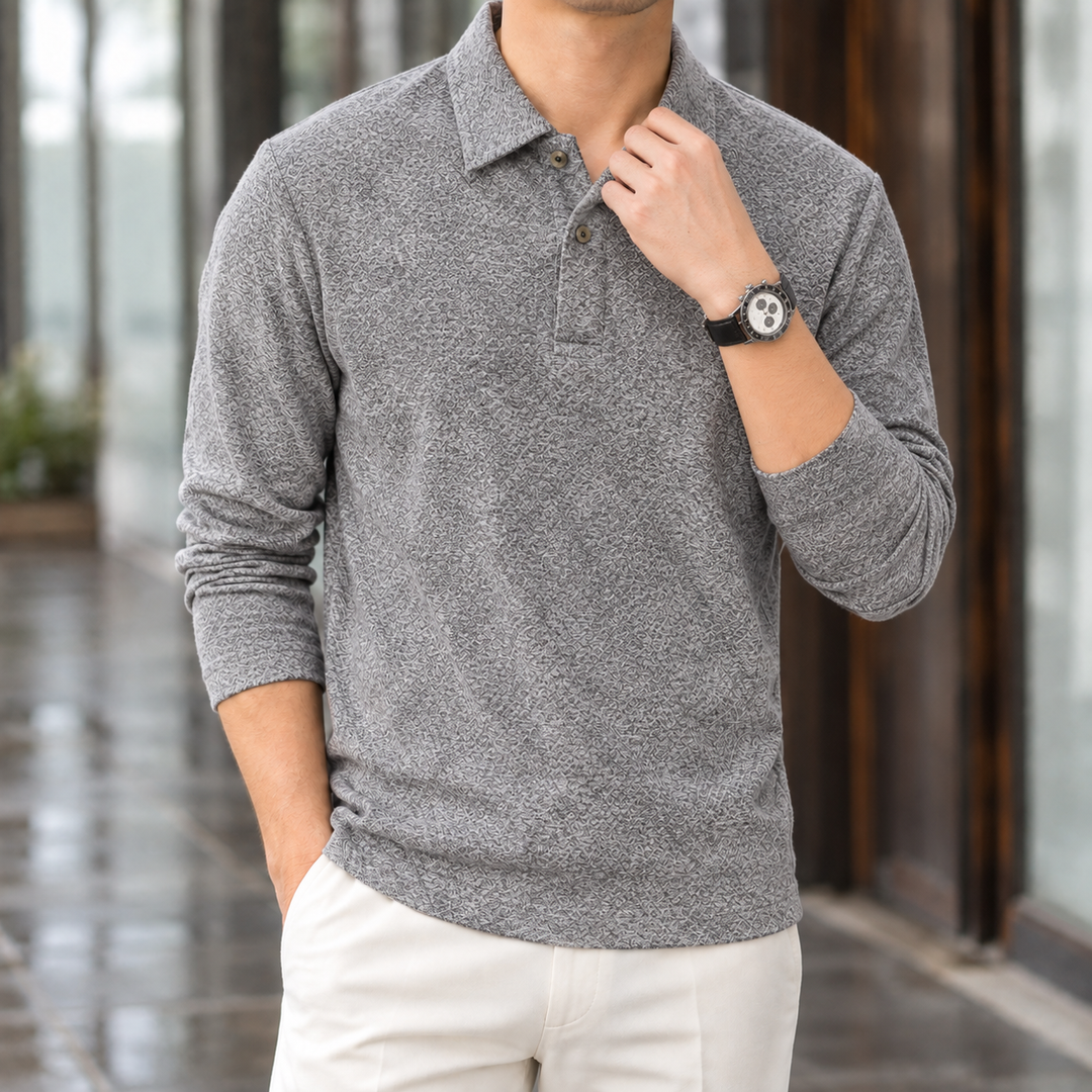 Poloshirt Herren Langarm Rautenstruktur Knopfleiste Weich
